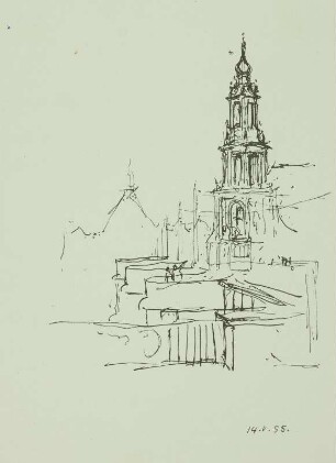 Dresden: Turm der Katholischen Hofkirche von Neustadt über die Brücke gesehen