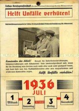 Abreißkalender für das 2. Halbjahr 1936 mit Motiven aus dem Bereich des Unfallschutzes