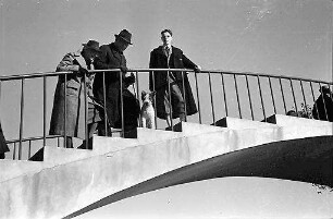Bukarest: P(apa), M(ama), Pu gehen mit Bobby spazieren, auf Brücke stehend, von unten gesehen