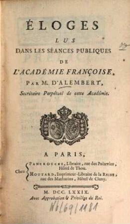 Éloges lus dans les séances publiques de l'Academie françoise