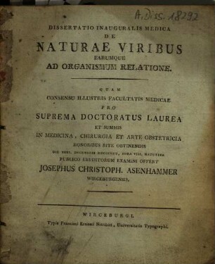Dissertatio inauguralis medica de naturae viribus earumque ad organismum relatione