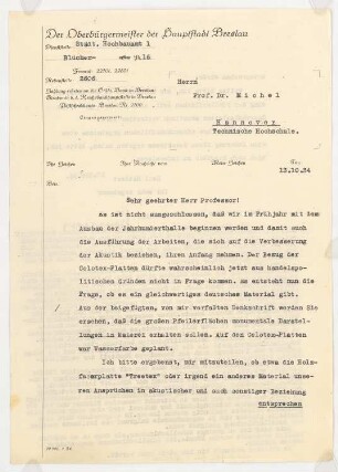 Jahrhunderthalle, Breslau Akustikgutachten: Brief von Konwiarz an Michel und Antwortschreiben (zweiseitiges Schriftstück)