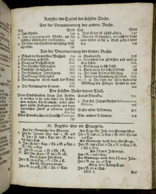 III. Register über die Evangelia. - IV. Das Catechismus -Register. - V. Das Bibel-Register.