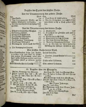III. Register über die Evangelia. - IV. Das Catechismus -Register. - V. Das Bibel-Register.