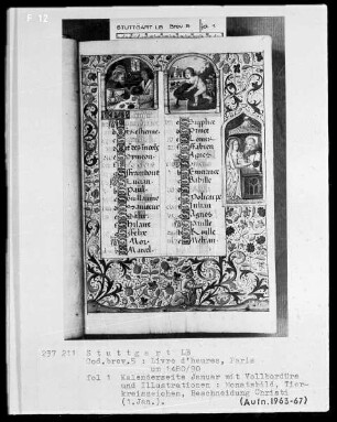 Lateinisches Stundenbuch (Livre d'heures) — Kalenderseite Januar mit Illustrationen und Vollbordüre, Folio 1recto