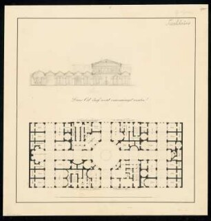 Passage, Berlin Monatskonkurrenz November 1835: Grundriss Erdgeschoss, Teillängsschnitt; Maßstabsleiste