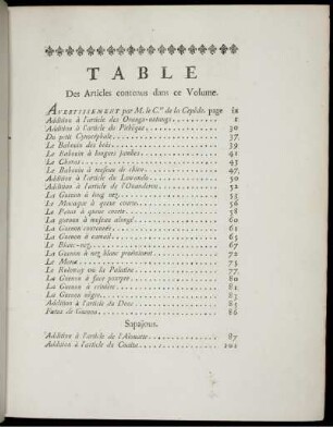Table Des Articles contenus dans ce Volume. [Abb. siehe römische Paginierung]