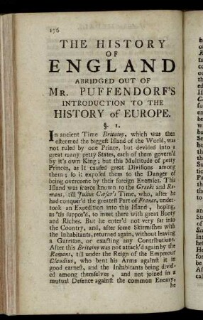 The History of England abridged out of Mr. Puffendorf's introduction to the History of Europe