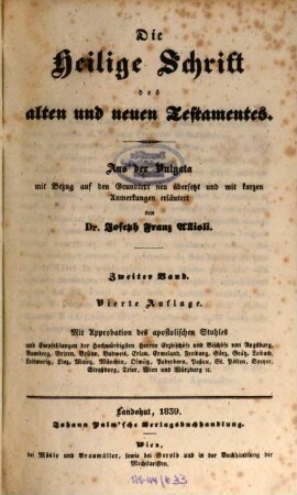 Die Heilige Schrift des alten und neuen Testamentes : aus der Vulgata mit Bezug auf den Grundtext, 2