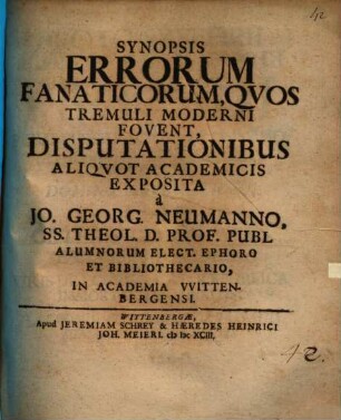 Synopsis Errorum Fanaticorum, Quos Tremuli Moderni Fovent