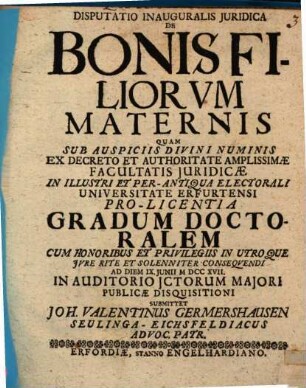 Disp. inaug. iur. de bonis filiorum maternis