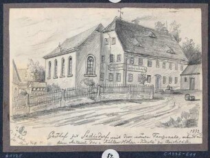 Der Gasthof in Sadisdorf (Schmiedeberg) mit dem neuen Ballsaal, 1872 aus dem Material der abgerissenen Kahlehöhenkirche oder Vierzehn-Nothelfer-Kirche bei Reichstädt erbaut