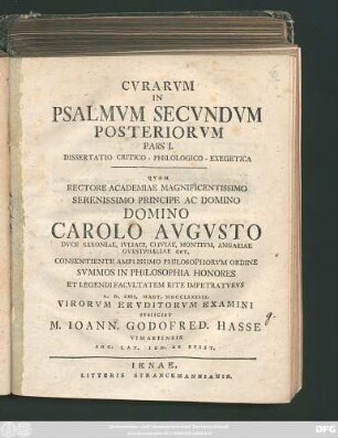 Ps. 1: Cvrarvm In Psalmvm Secvndvm Posteriorvm Pars ... Dissertatio Critico-Philologico-Exegetica