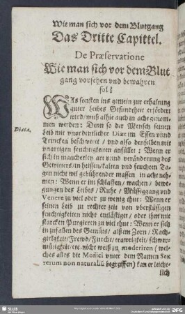 Das Dritte Capittel. De Praeservatione Wie man sich vor dem Blutgang vorsehen und bewahren sol?