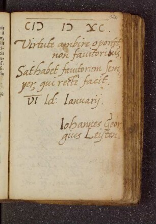 Iohannes Georgius Leisten. – Incipit: Virtute ambire oportet, non favitoribus. – Rostock, 08.01.1590