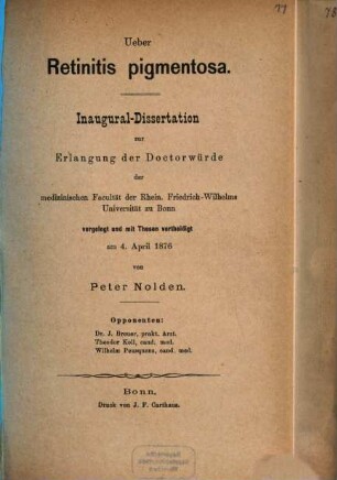 Ueber Retinitis pigmentosa : Inaugural-Dissertations