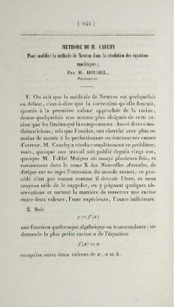 Méthode de M. Cauchy pour modifier la méthode de Newton dans la résolution des équations numériques.