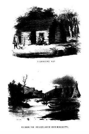 Pionniers Hut + Wigwams van Indianen aan de Boven-Mississippi