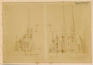Evangelische Kirche St. Johannis, Eberswalde Monatskonkurrenz Januar 1886: Perspektivische Ansicht (seitenverkehrt); Aufriss Vorderansicht, Rückansicht