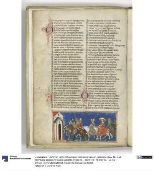 Hüon d'Auvergne, Roman in Versen, geschrieben v. Nicolas Trombeor. Hüon und seine Geliebte Ynide reiten mit Gefolge zum Fest Karl Martells