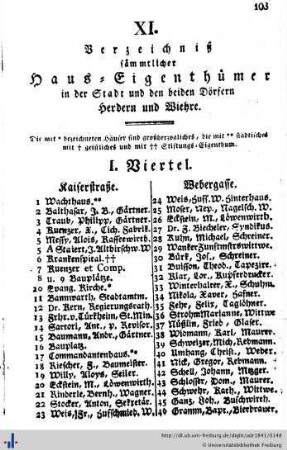 Verzeichniß sämmtlicher Hauseigenthümer dahier, in Herdern und Wiehre