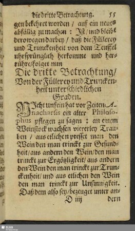 Die dritte Betrachtung, Von der Füllerey und Trunckenheit unterschiedlichen Graden