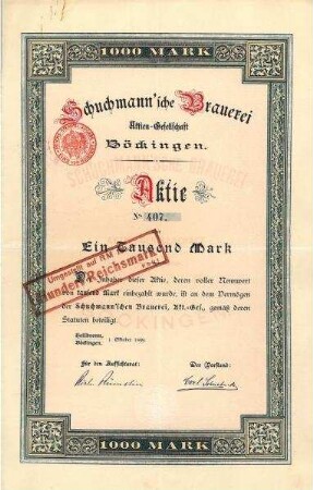 Aktie der Schuchmannschen Brauerei AG, Böckingen Nr. 407