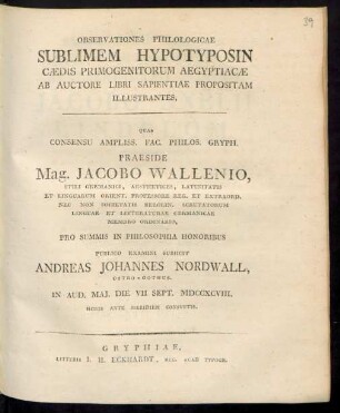Observationes Philologicae Sublimem Hypotyposin Cædis Primogenitorum Aegyptiacæ : Ab Auctore Libri Sapientiae Propositam Illustrantes ...