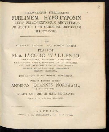 Observationes Philologicae Sublimem Hypotyposin Cædis Primogenitorum Aegyptiacæ : Ab Auctore Libri Sapientiae Propositam Illustrantes ...