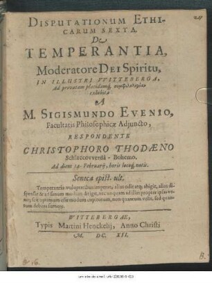 Disputationum Ethicarum Sexta. De Temperantia