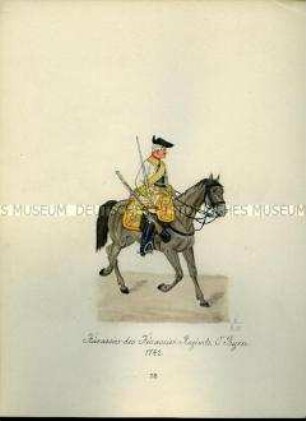 Uniformdarstellung, Kürassier des Kürassier-Regiments "O'Byrn" zu Pferd, 1742. Aus: Sammelmappe "Sachsens Militär", Königliche Arsenalsammlung.