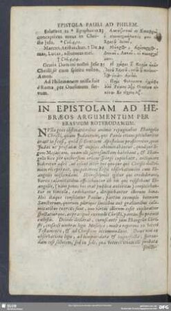 In Epistolam Ad Hebraeos Argumentum Per Erasmum Roterodamum