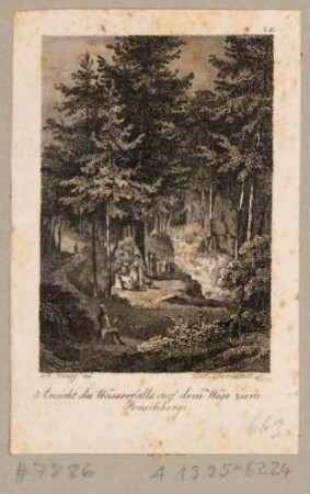 Der Friedrichsgrund bei Dresden zwischen Pillnitz und dem Borsberg mit Besuchern vor dem künstlichen Wasserfall, aus Beckers Taschenbuch zum geselligen Vergnügen