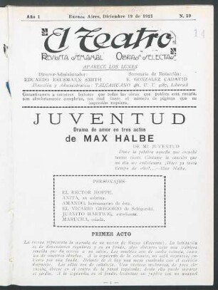 1921003900: Juventud : drama de amor en tres actos