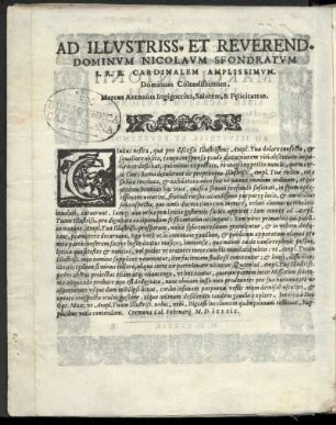 Dedikation an Nicolaus Sfondratum Kardinal von Cremona