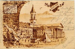 Postkartenalbum. "Gruss aus Karlsruhe". Marktplatz mit Stadtkirche und Pyramide