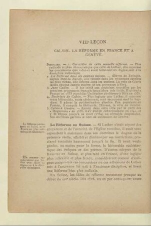 VIIIe leçon Calvin. La Réforme en France et à Genève