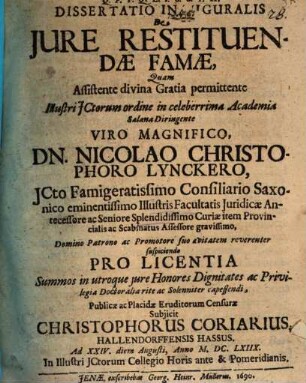 Diss. inaug. de iure restituendae famae