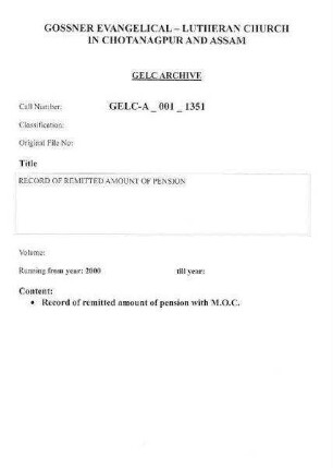 RECORD OF REMITTED AMOUNT OF PENSION