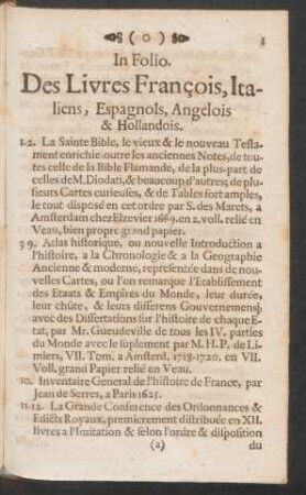 Des Livres Francois, Italiens, Espagnols, Angelois & Hollandois.