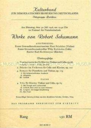 Programmblatt zu einem Musik-Abend mit Werken von Robert Schumann