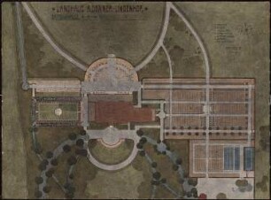 Landsitz Lindenhof, Warnsdorf: Gärten am Hause des Landsitzes im Grundriss 1:200, Maßstabsleiste, Bezeichnung einzelner Teile, Legende