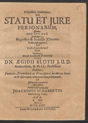 Disquisitio Academica De Statu Et Iure Personarum