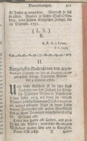 II. Kurzgefassete Nachricht von dem gegenwärtigen Zustande der hier zu Trankenbar angerichteten Koenigl. Daenischen Mission den 5 October 1758.