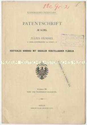 Patentschrift eines vertikalen Windrades mit radialen verstellbaren Flügeln, Patent-Nr. 8195