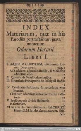 Index Materiarium, quae in his Parodiis pertractantur, juxta numerum Odarum Horatii