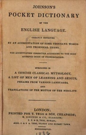 Johnsons Pocket Dictionary of the English Language : Greatly improved by an augmentation of some thousand words and technical terms