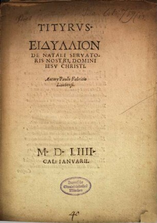 Tityrus Eidyllion de natali Servatoris nostri, Domini Jesu Christi