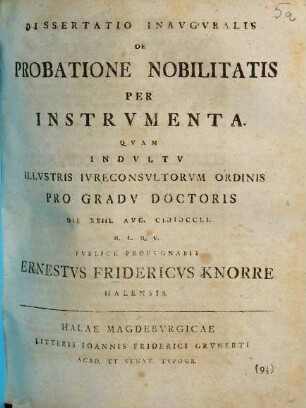 Dissertatio Inavgvralis De Probatione Nobilitatis Per Instrvmenta