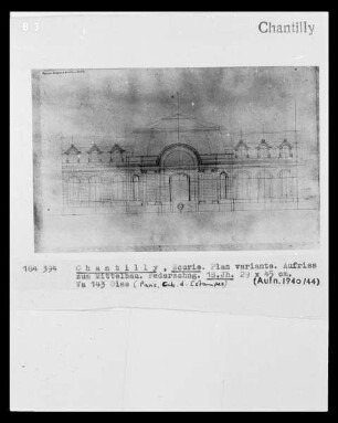 Chantilly, Schloss, Ecurie, Plan variante, Aufriss zum Mittelbau